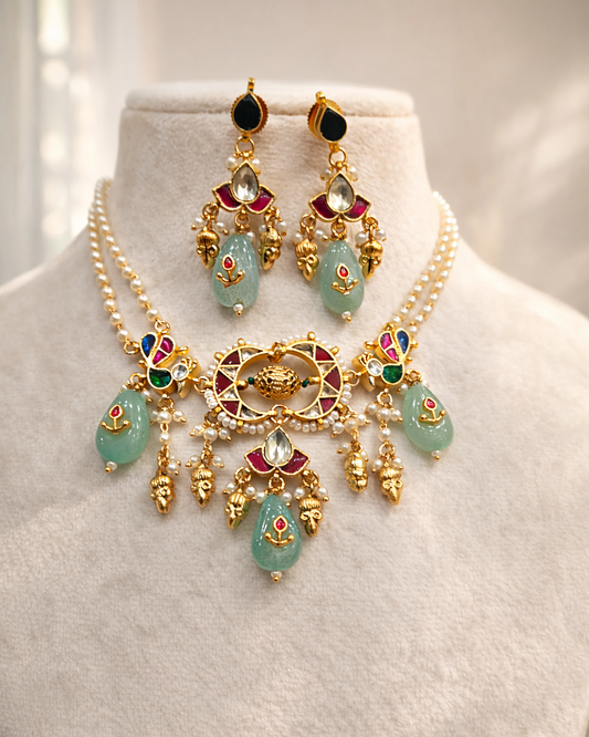 Elegant Gold-Plated Kundan Style Choker Set with Jade Drops & Pearls-G352500