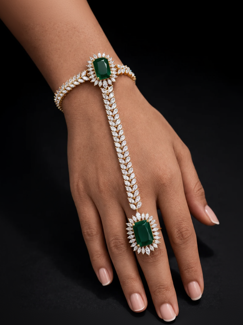 Emerald & Diamond Look Hand Harness Bracelet Ring-G352800