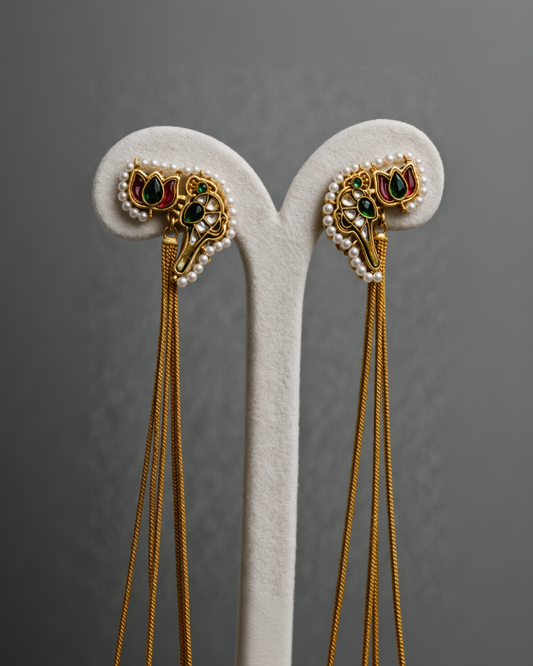 Long Kashmiri Handmade Gold Toned Earrings-G351450