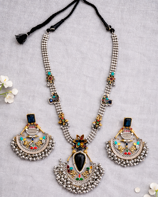 Oxidized Silver Navratri special Blue Stone Necklace Set-G353800