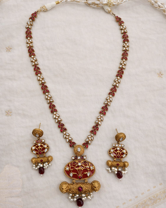 Fusion Victorian-Plated Kundan & Ruby Red Necklace Set-G352800