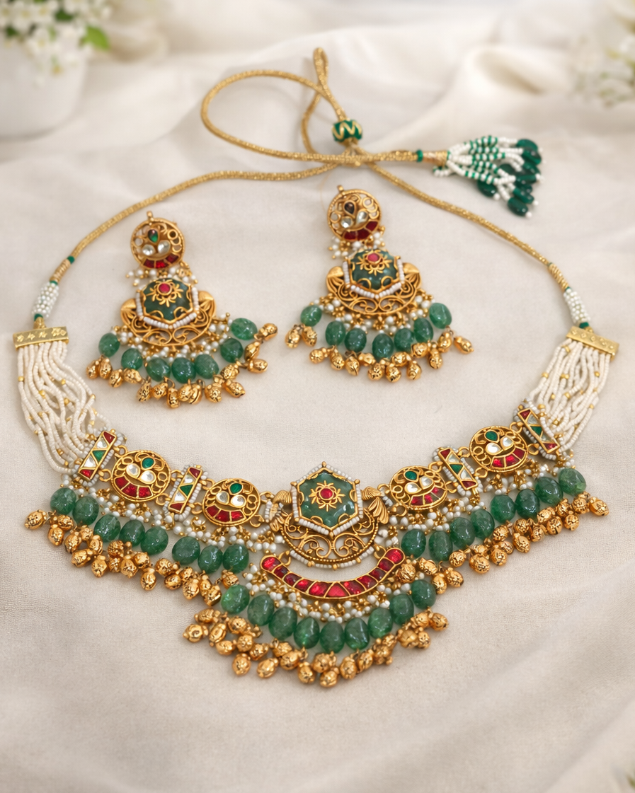 Emerald Green Kundan Choker Necklace Earrings Set-G3511300