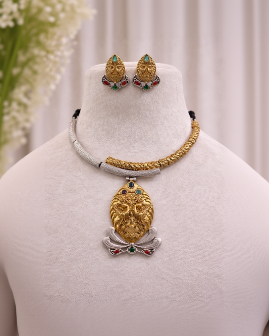 Oxidised Silver Dual-Tone Antique Temple Jewellery Set-G351300