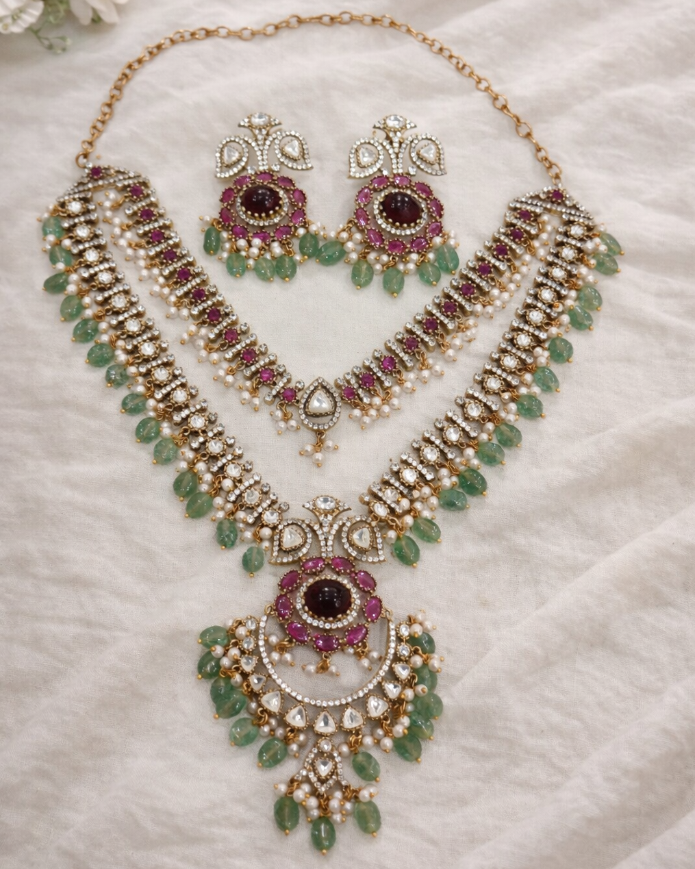 Ruby Kundan Polki Bridal Necklace Set-G357200