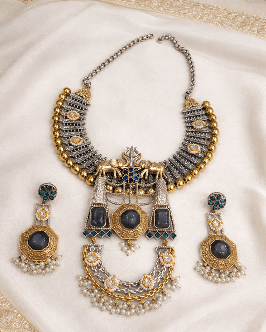 Dual-Tone Oxidized Silver & Gold Plated Statement Choker Set-G353800