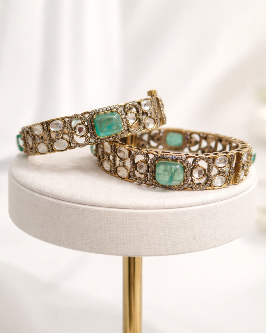 Emerald Green Moissanite Polki Bangles(Set of 2)-G354100
