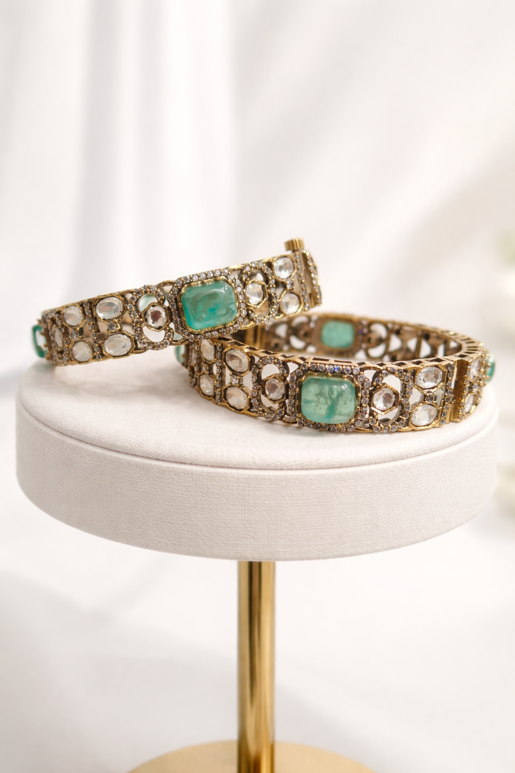 Emerald Green Moissanite Polki Bangles(Set of 2)