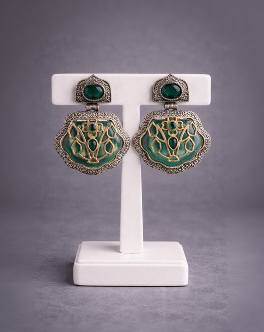 Oxidized Silver & Gold Plated Green Stone Jewellery Set-G352800