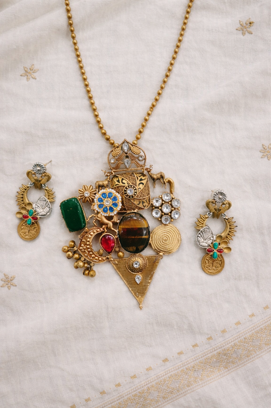 Vintage-Inspired Multi-Stone Necklace and Earring Set-G353800