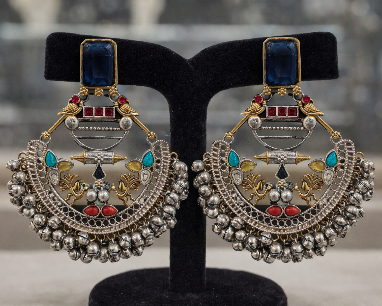 Oxidized Silver Navratri special Blue Stone Necklace Set-G353800