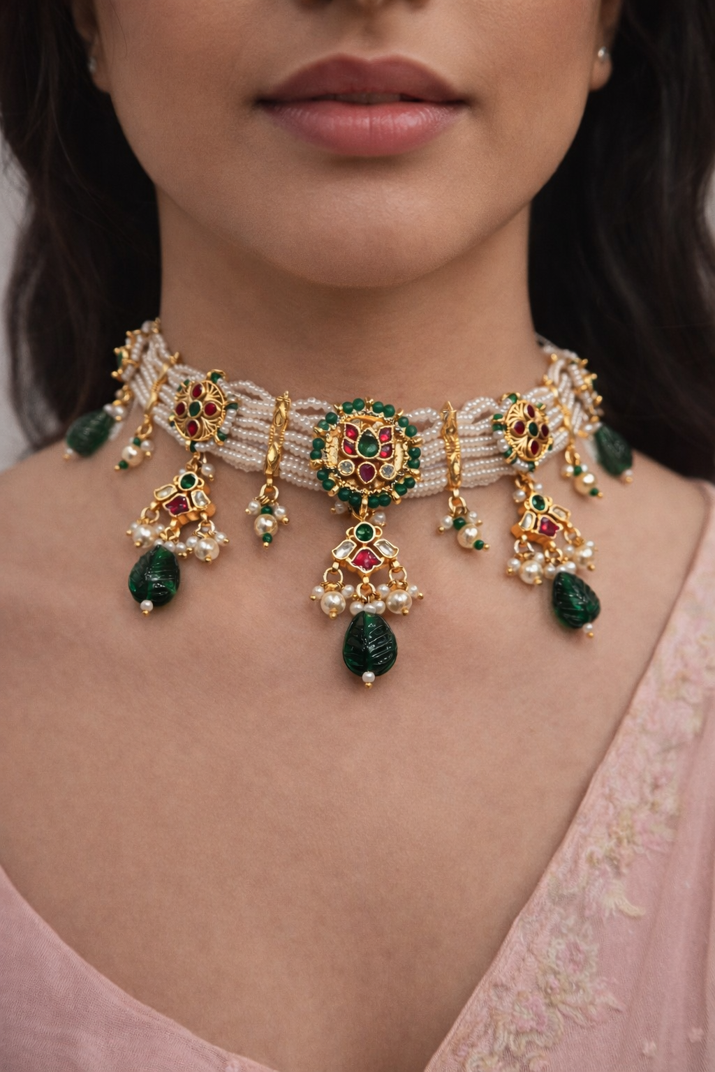 Green/Maroon & Ivory Kundan Polki Choker Necklace