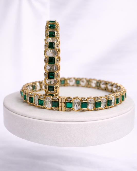 Emerald Green & Clear Stone Gold-Plated Bangle Set(Set of 2)-G354100