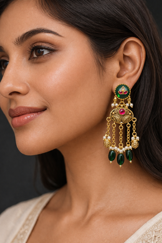 Heritage Kashmiri Emerald Green Stones Earrings-G353400