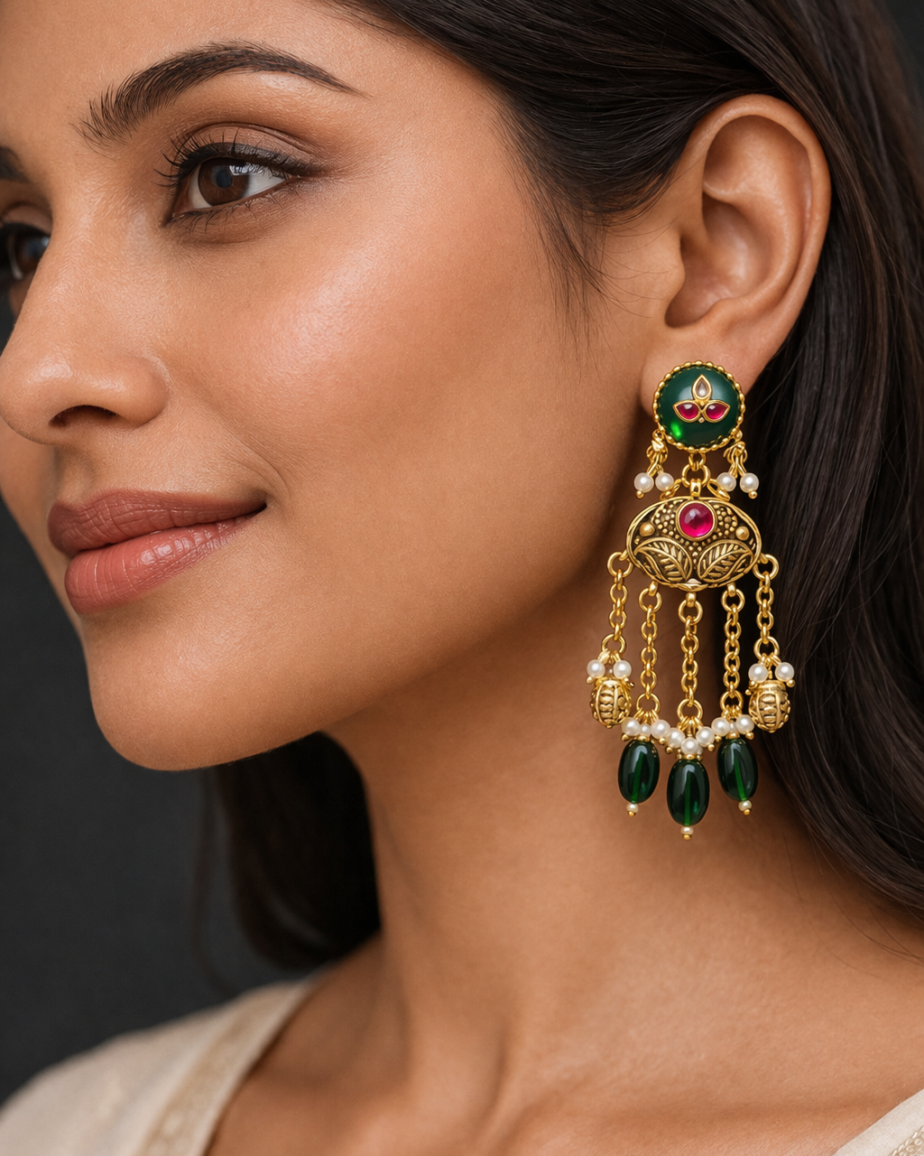 Heritage Kashmiri Emerald Green Stones Earrings-G353400