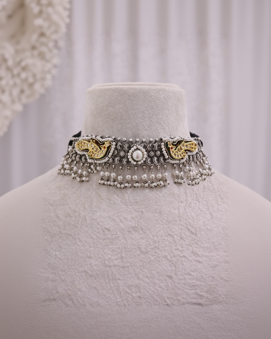 Oxidised Silver Dual-Tone Antique Haasil Necklace Set-G351300