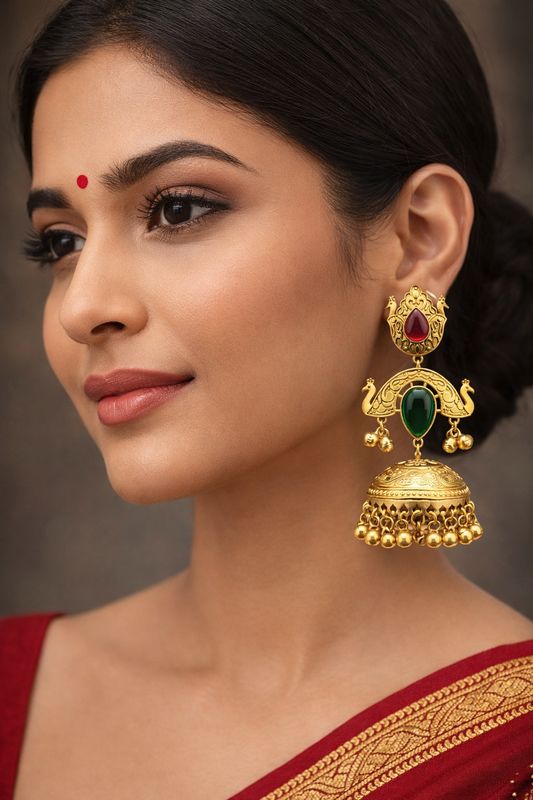 Peacock Design Gold Plated Gemstone Jhumki Earrings-G351400