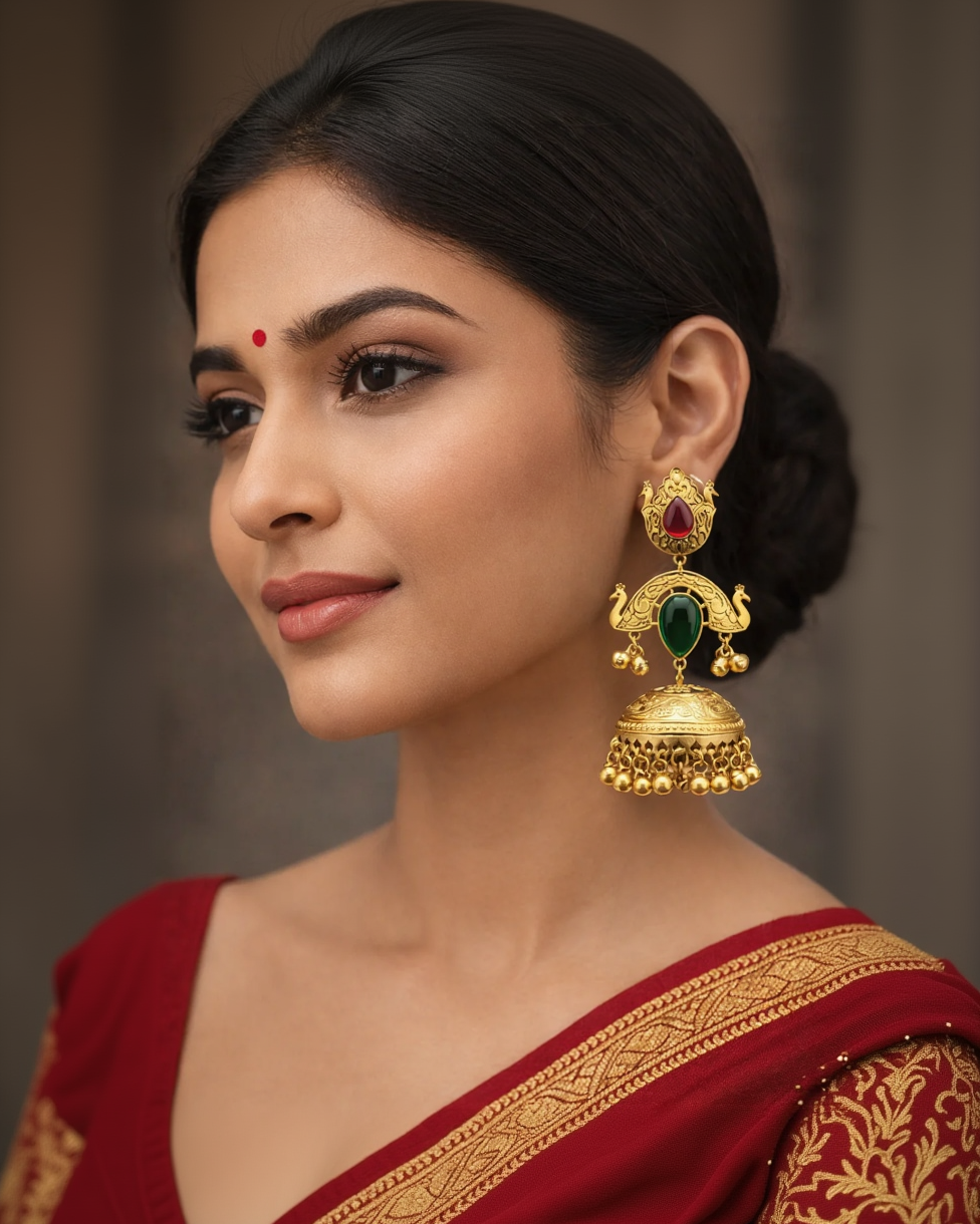 Peacock Design Gold Plated Gemstone Jhumki Earrings-G351400