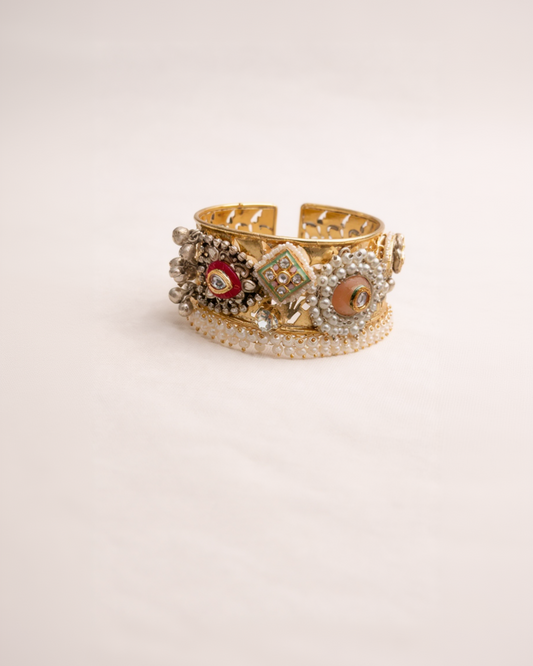 Kundan & Pearl Embellished Gold-Plated Cuff Bangle-G351600
