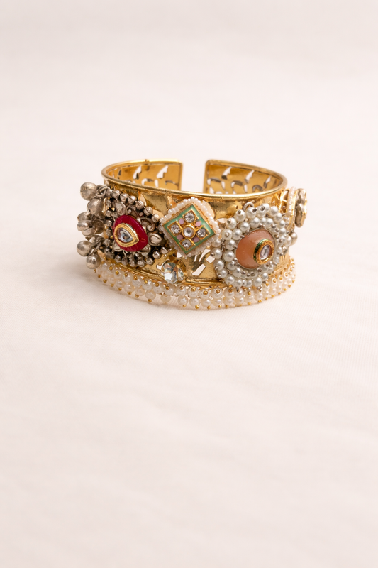 Kundan & Pearl Embellished Gold-Plated Cuff Bangle