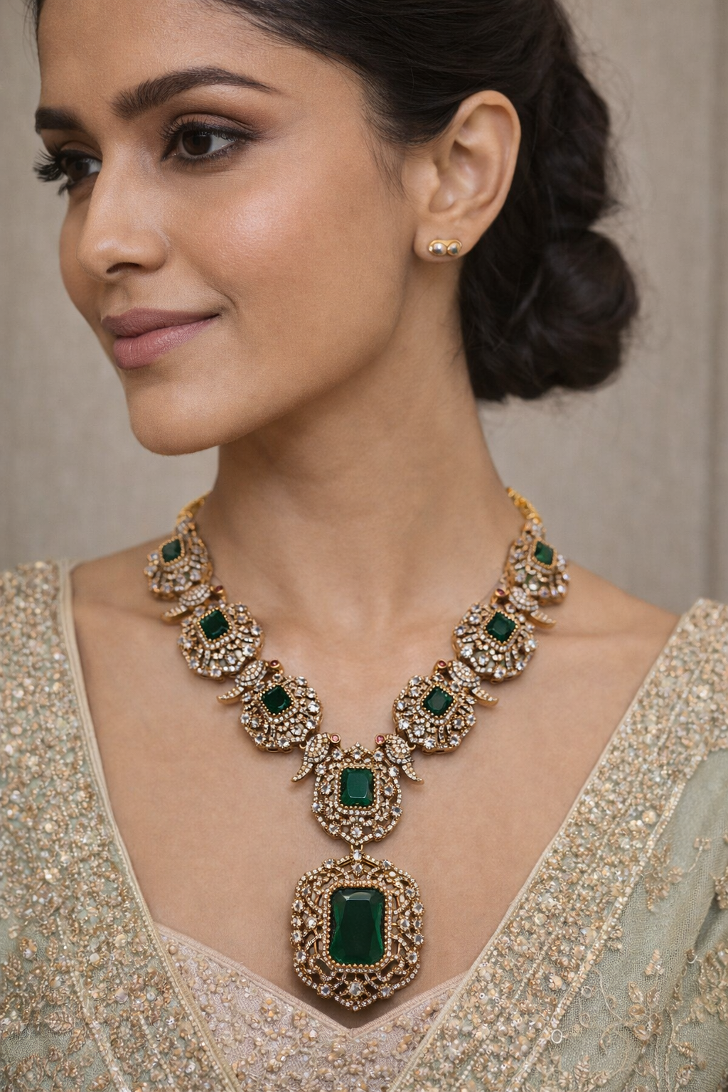 Victorian Emerald Green Stone & Kundan Necklace Set