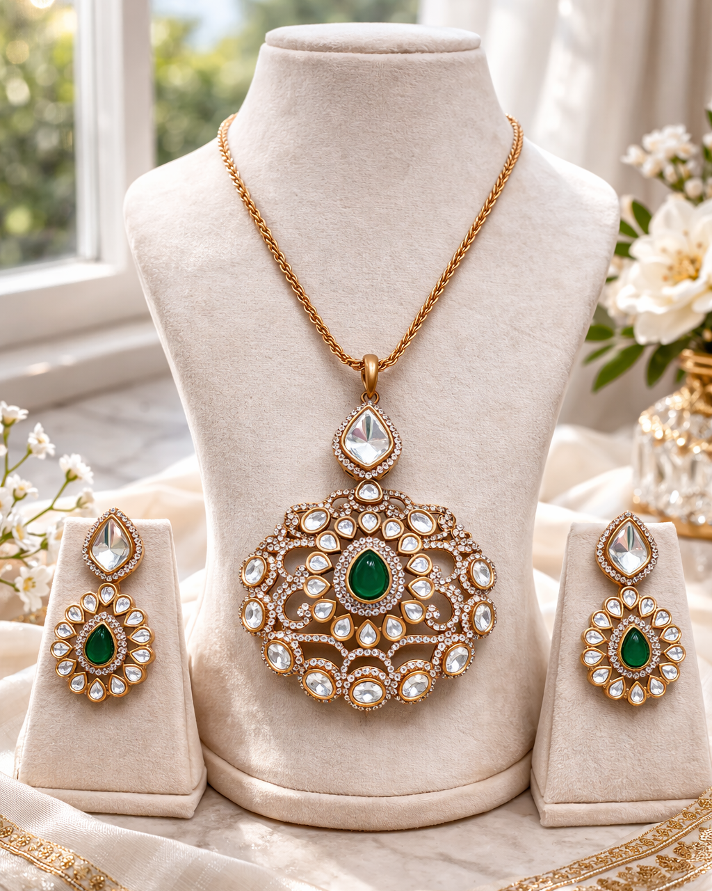 Mossointe Emerald Long Pendant Set-G353300