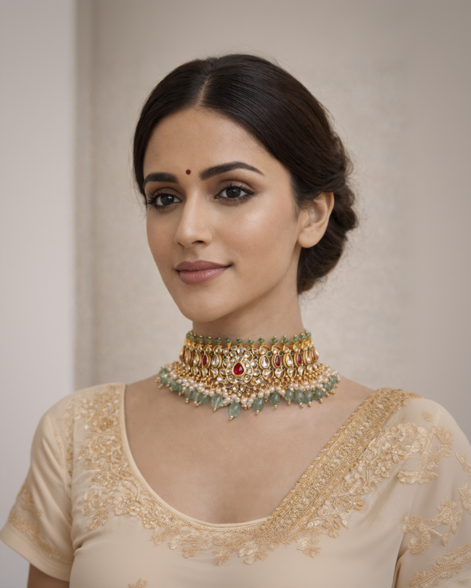 Polki & Kundan Choker Necklace Set with Pearl Drops-G353100