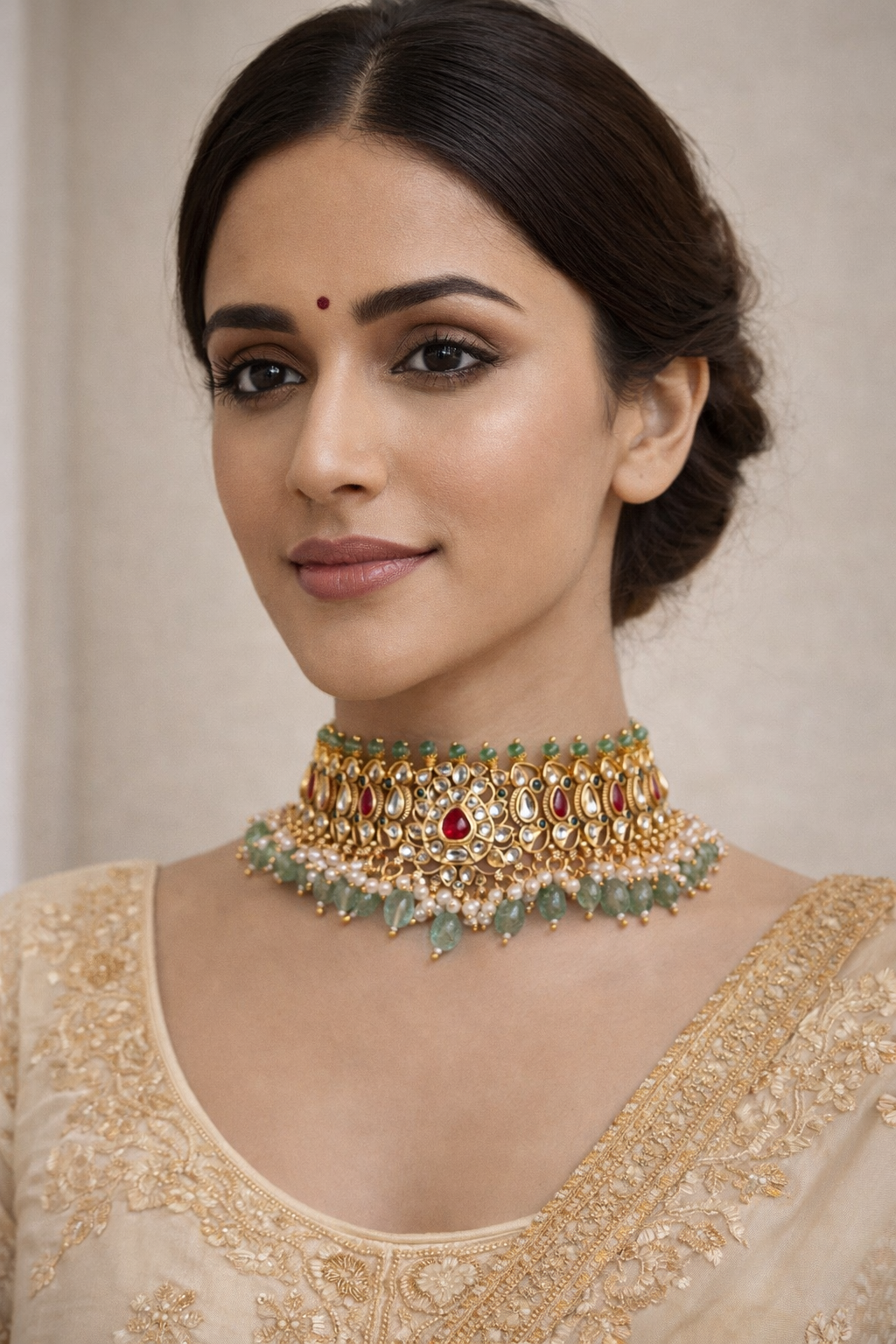 Polki & Kundan Choker Necklace Set with Pearl Drops-G353100