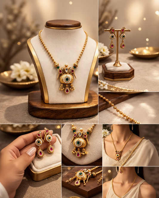 Antique Gold-Toned Kempu Stone Pendant Set with Matching Earrings-G351700