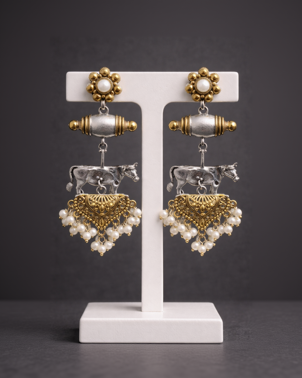 German Silver and Gold Tone Cow Motif Jhumka Earrings-G351300
