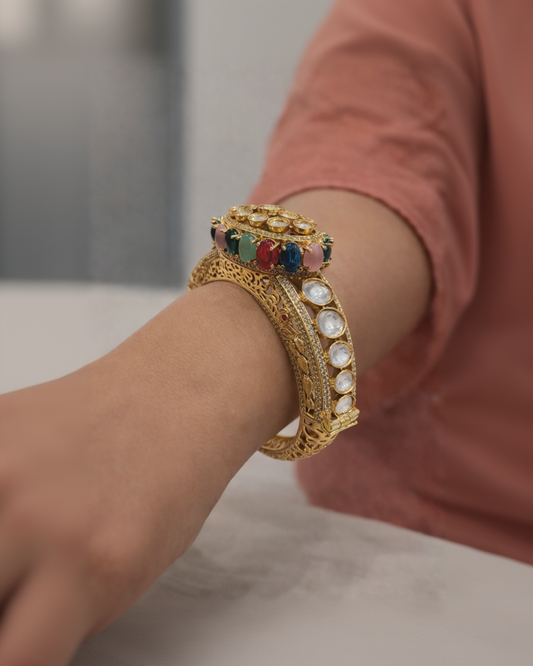 Multicolor Polki Navratan Kada Bracelet-G351800