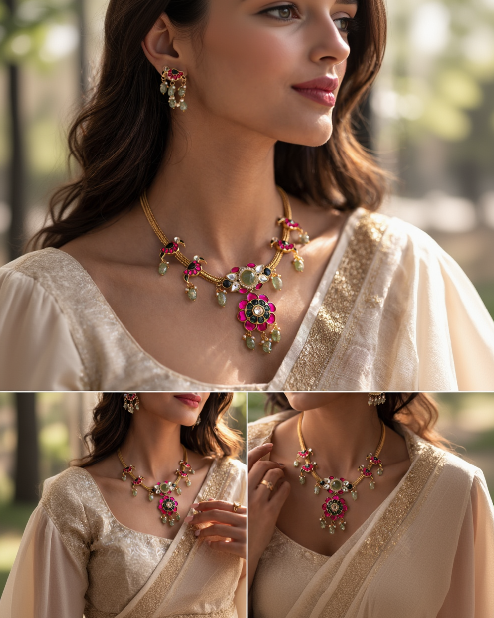 Jadau Kundan Peacock Motif Necklace Set with Pearl & Emerald Beads Earings-G353400