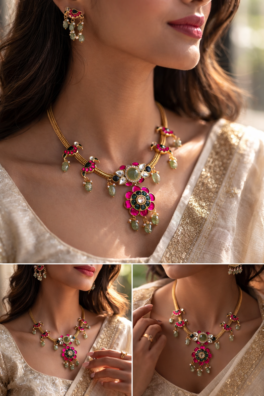 Jadau Kundan Peacock Motif Necklace Set with Pearl & Emerald Beads Earings