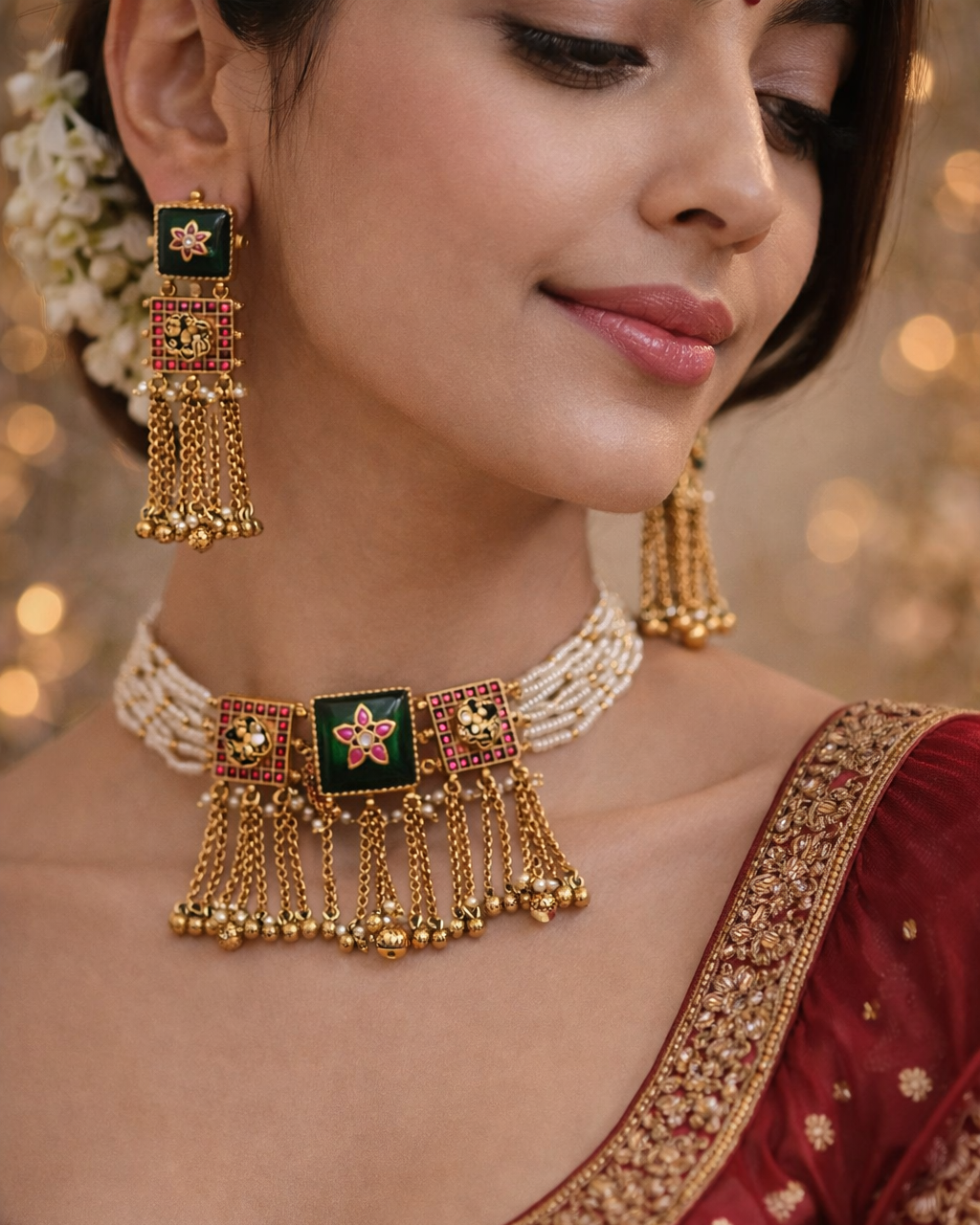 Emerald Green & Pearl Kundan Choker Set with Dangling Earrings-G358300
