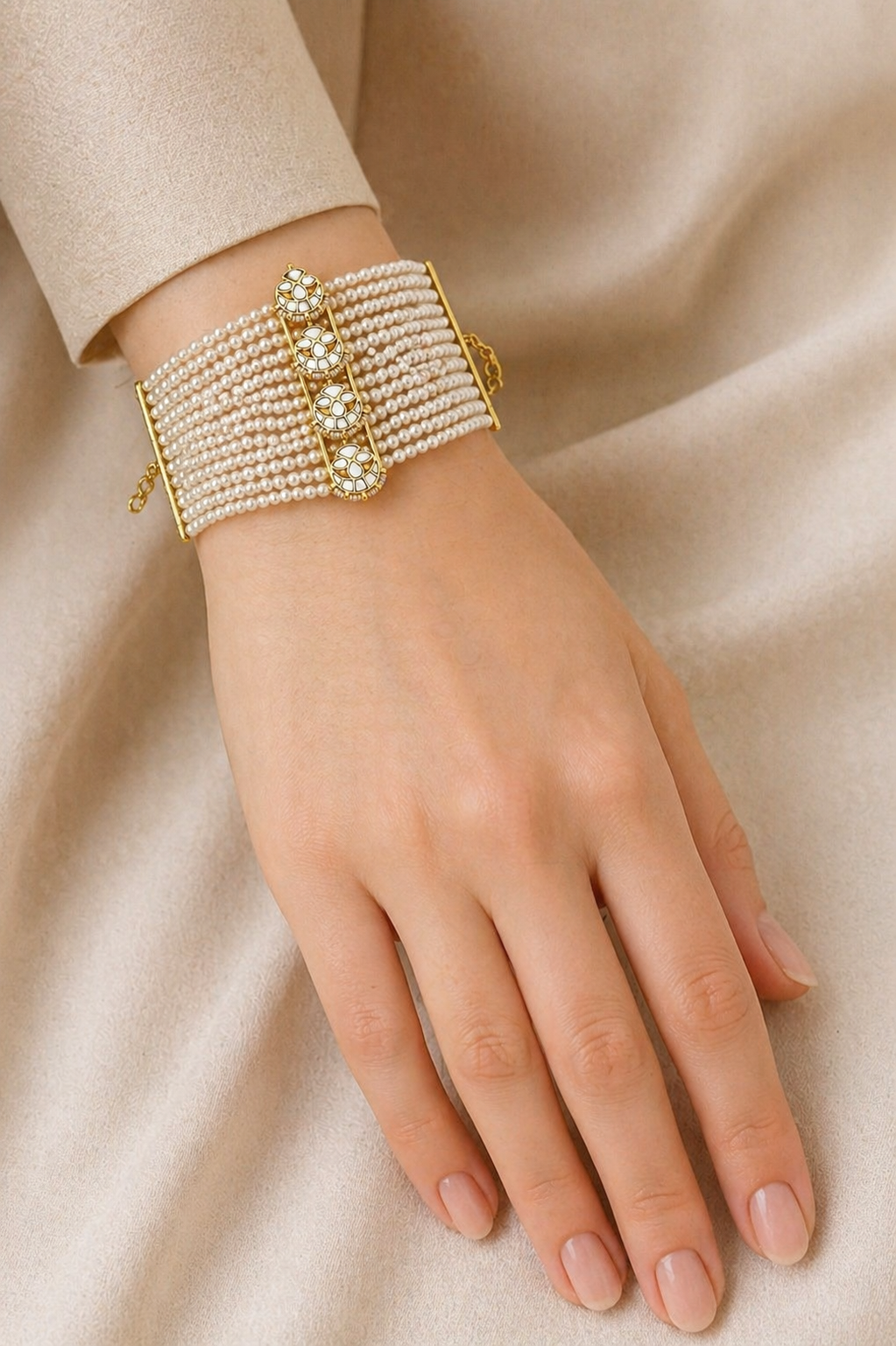 Handcrafted Jadau Kundan Bahi Pearl Bracelet - G387300
