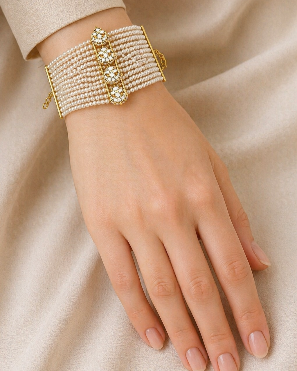 Handcrafted Jadau Kundan Bahi Pearl Bracelet - G387300