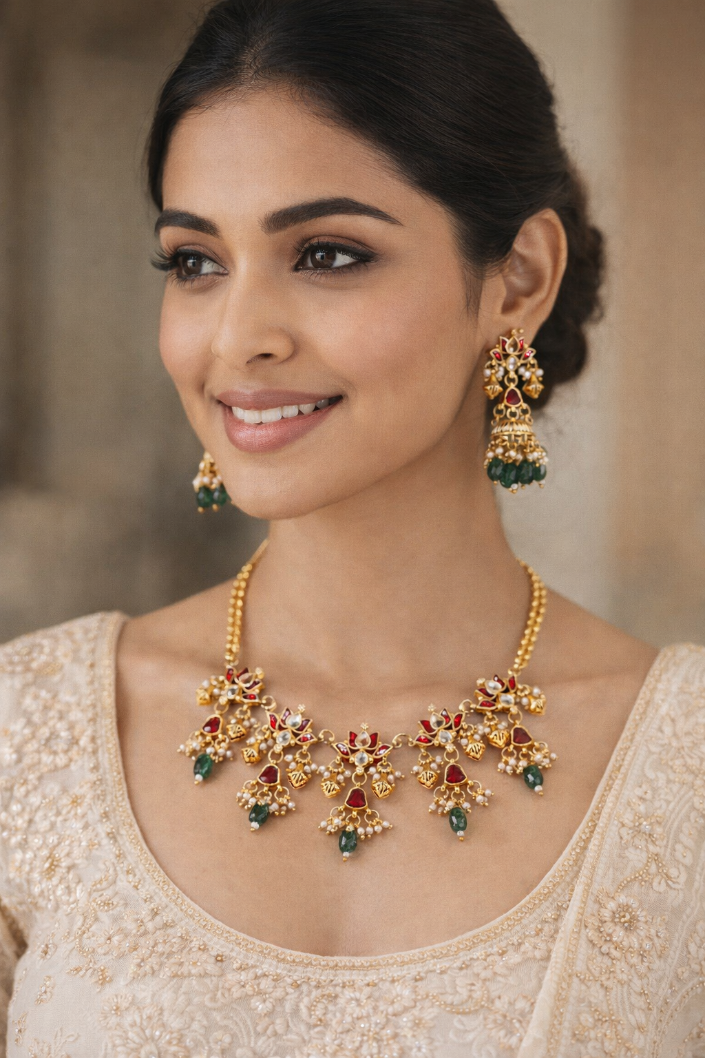 Gold-Plated Jadau Kundan Lotus Necklace Set-G353300