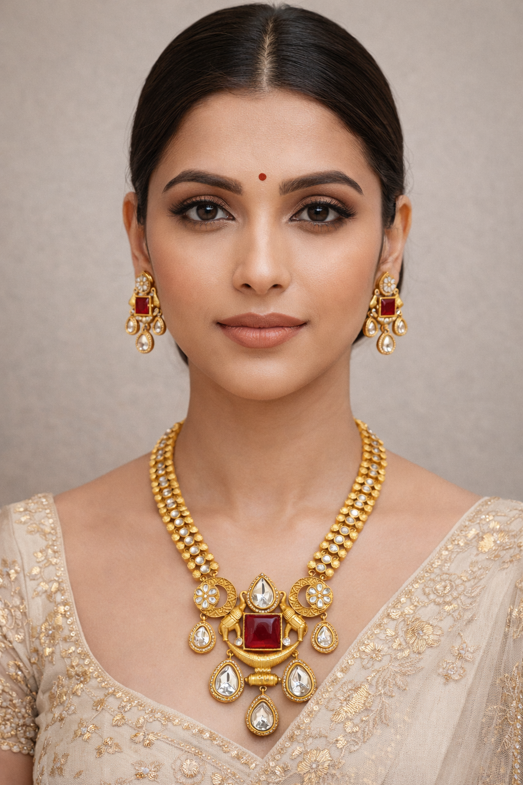 Ruby & Kundan Polki Antique Gold Plated Necklace Set-G752600
