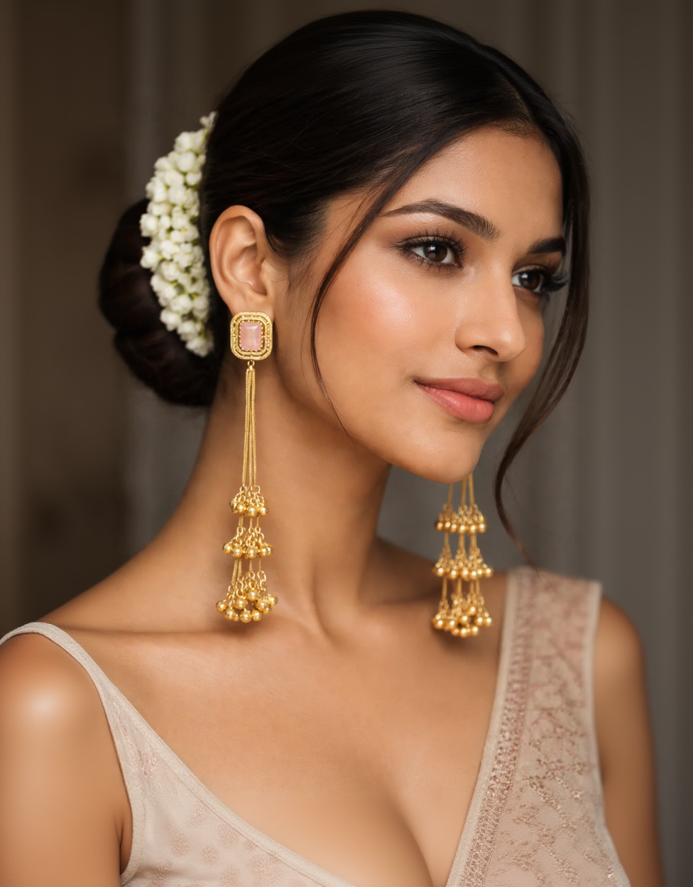 Kashmiri Pink Stone Gold-Toned Drop Earrings-G35800