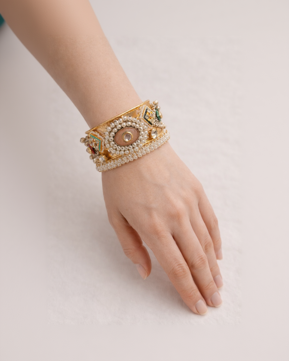 Kundan & Pearl Embellished Gold-Plated Cuff Bangle-G351600