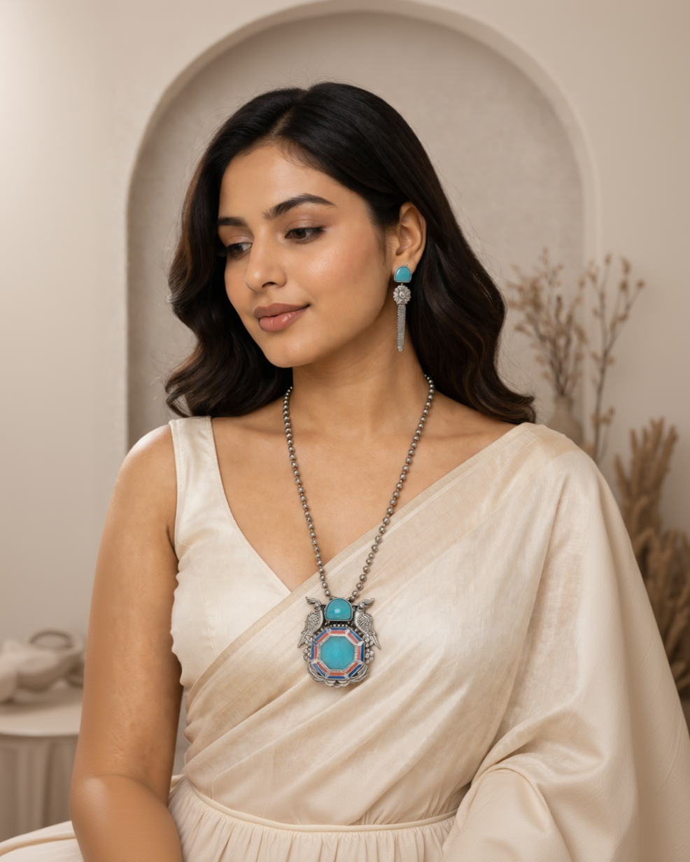 Oxidised Silver-Tone Turquoise Bird Motif Pendant Set-G351100