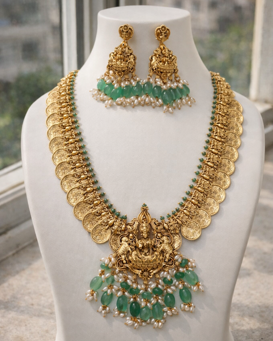 Lakshmi Peacock Coin Necklace Set with Mint Green Beads & Pearls-G354800