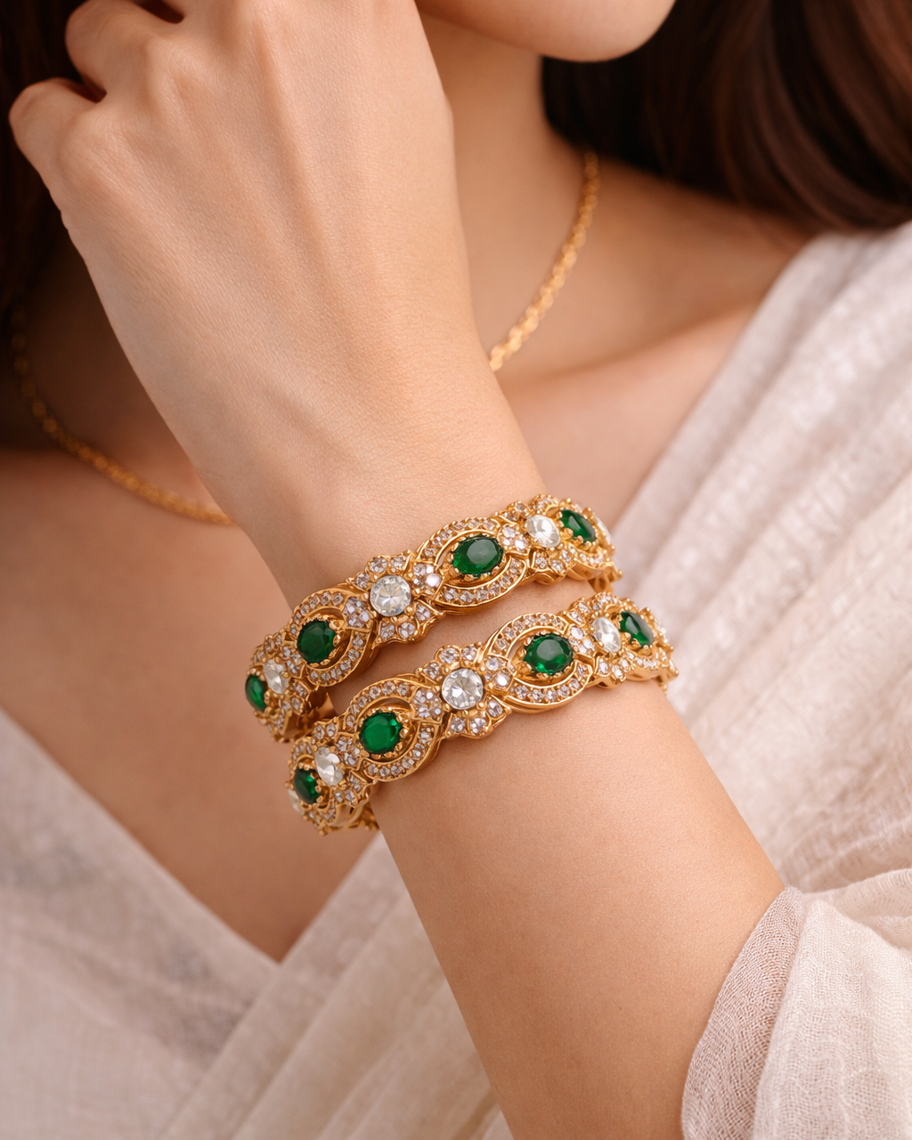 Emerald Stone & CZ Diamond Bangles(Set of 2)-G353700