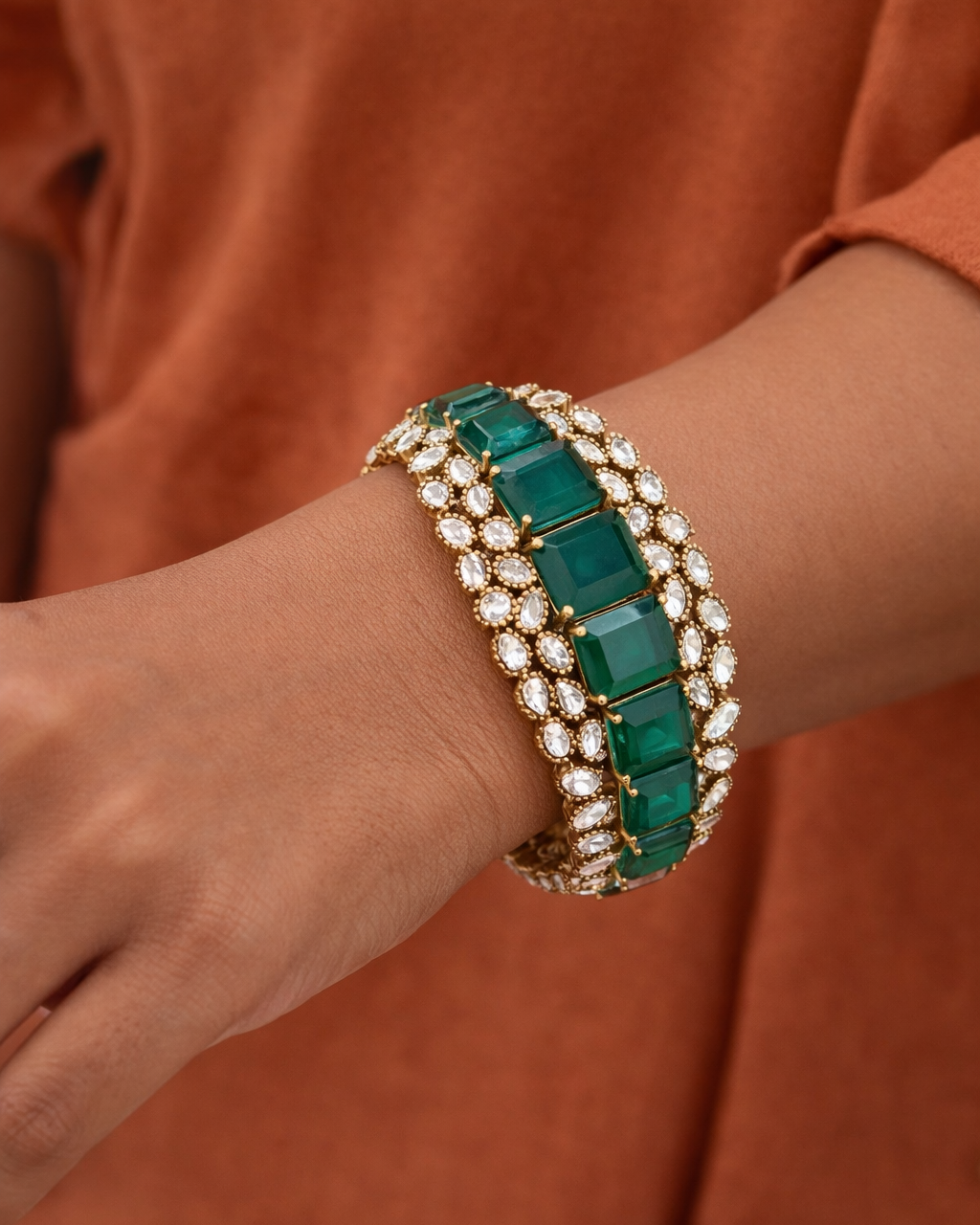 Emerald & Mossonite Bracelet Kada bangles-G353100