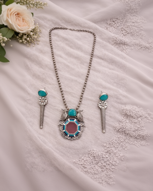 Oxidised Silver-Tone Turquoise Bird Motif Pendant Set-G351100
