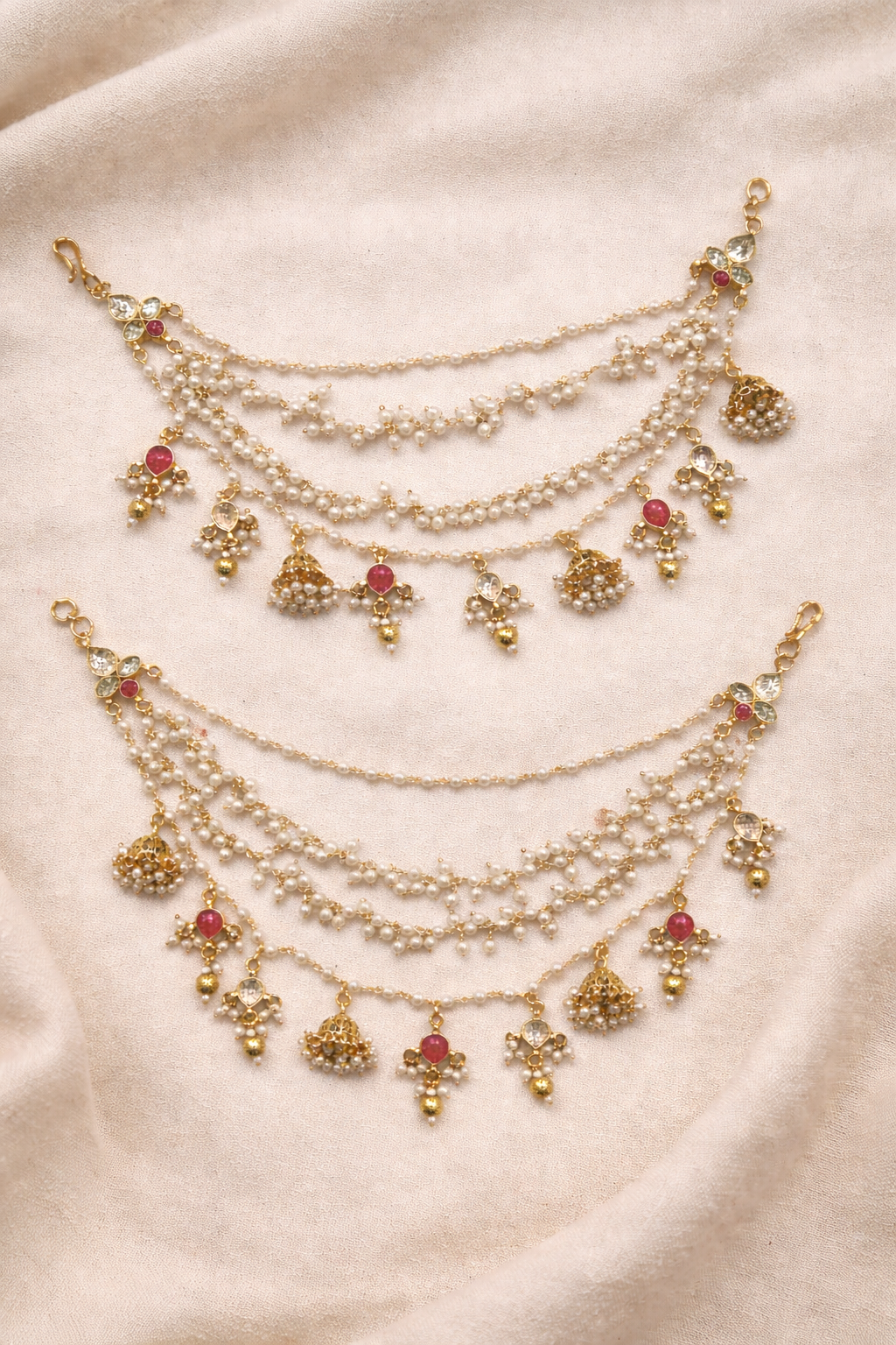 Pink Jadau Pearl and Jummar Hanging Earchain