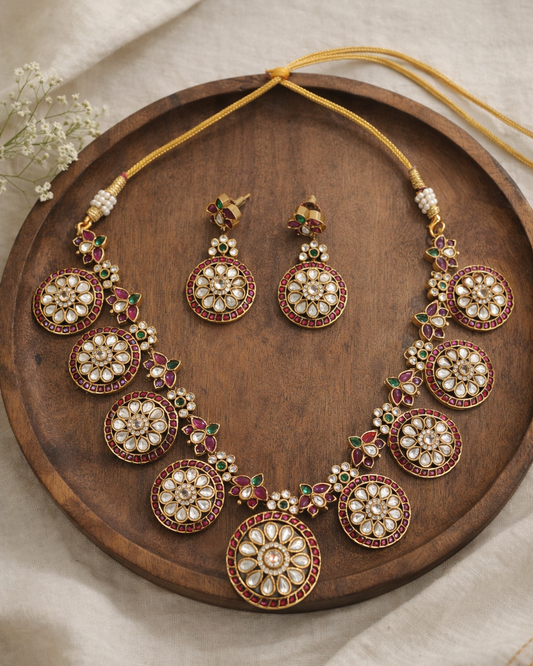 Gold-Plated Kemp Stone Coin Necklace Set-G354300
