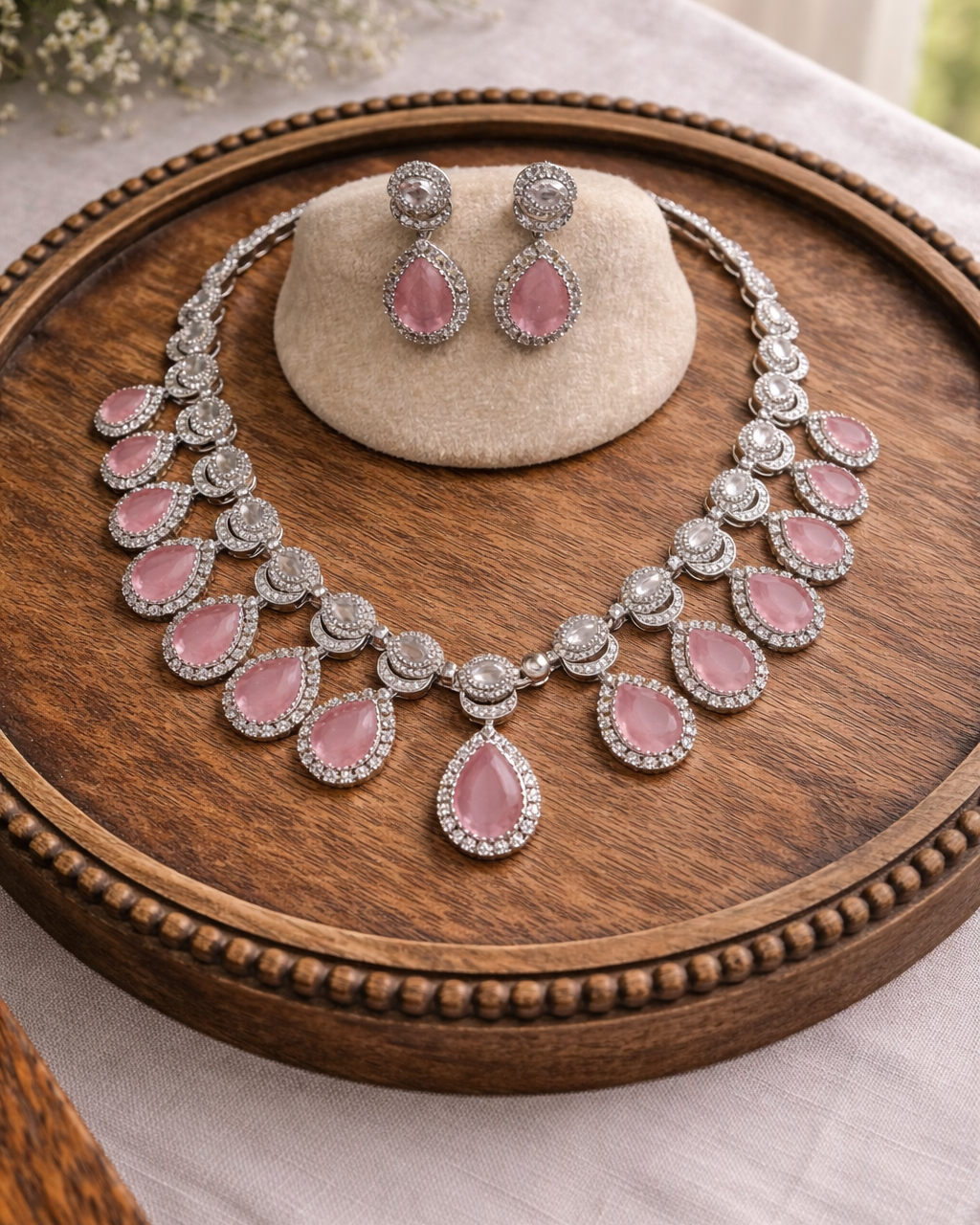 American Diamond Pink Stone Necklace Set-G352800