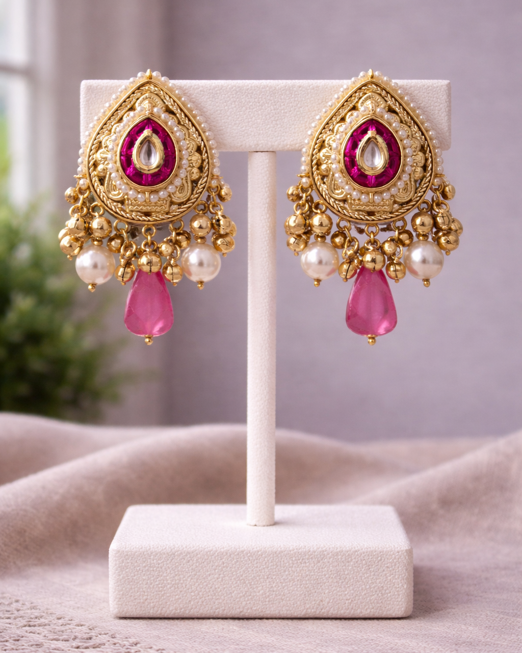 Fusion Gold-Tone Choker Necklace & Earring Set with Pink Stones & Pearls-G353000