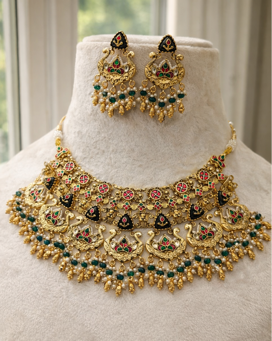 Gold-Plated Heritage Green Onyx Necklace Set-G3512100