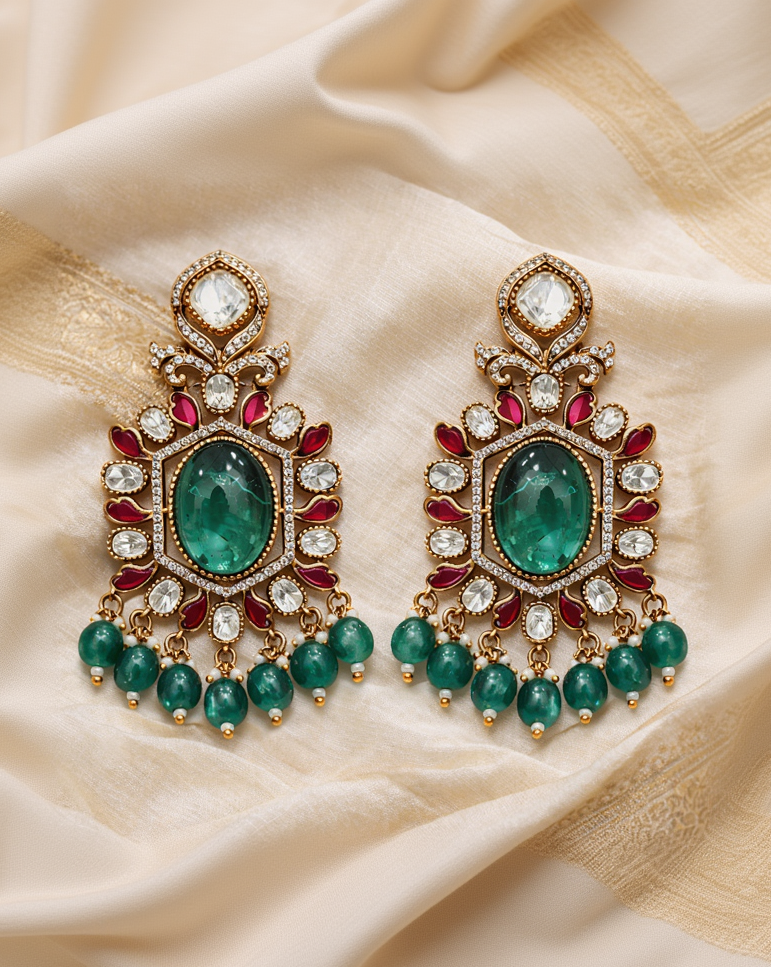Semi-precious Emerald Mossainite Statement Necklace Set-G3512300